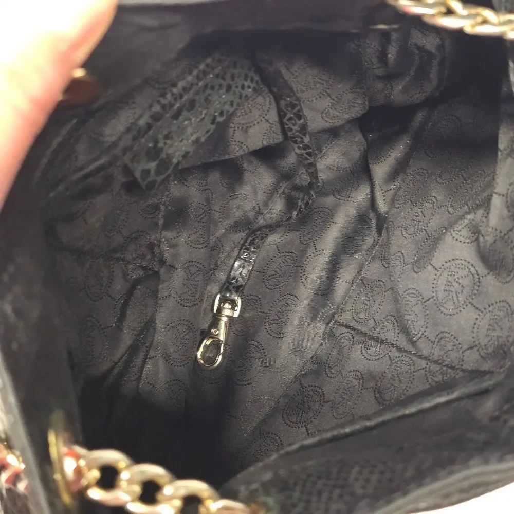 Michael Kors Python Snakeskin Embossed Leather Black Chain Hand Bag Boho Chic